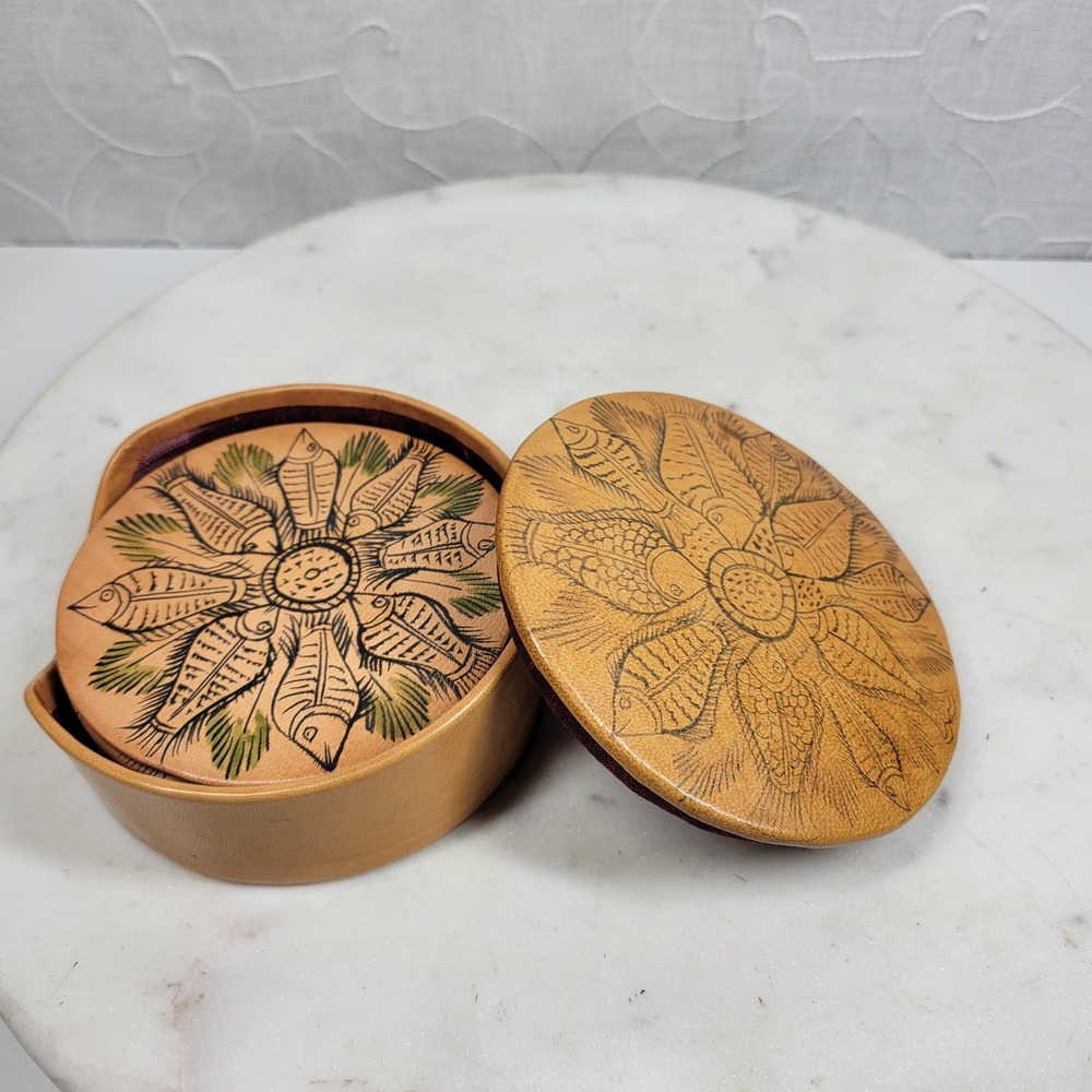 VTG Hand Painted Leather Fish Coaster Set w Storage Box Silk Back Folk Art Boho
